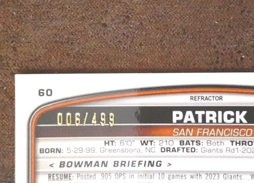 PATRICK BAILEY RC 2023 Bowman Chrome #60 Rookie Refractor /499 Giants. C2A - Picture 3 of 3
