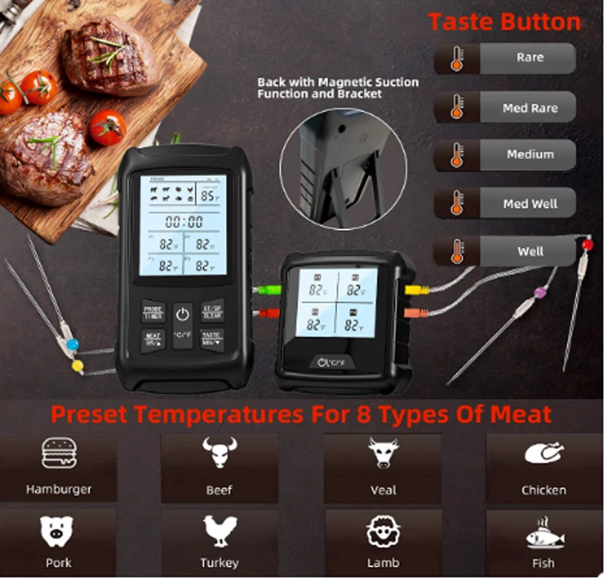 Bluetooth Meat Thermometer BBQ Cooking 4 Probes Rechargeable with Clock Timer