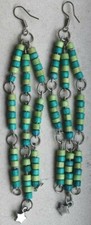 Long Beaded Earrings Green Shades With Star Charms