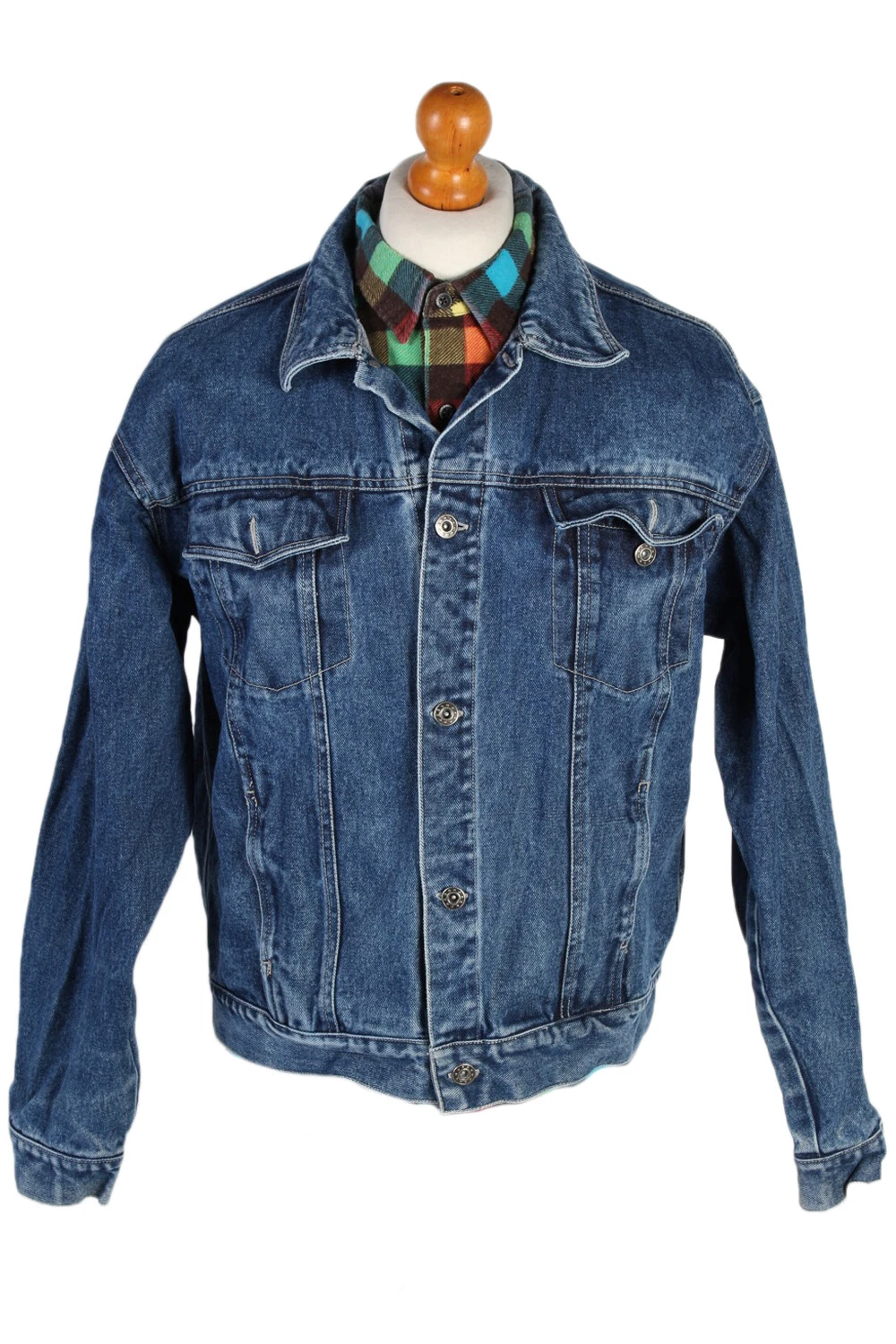 Denim Jacket 90s Retro Trucker Rider Casual Top Dark Blue Size L-DJ1421