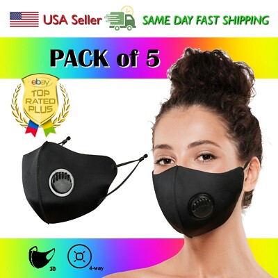 (Pack of 5) Black Fashion Masks with Breath Valve Reusable Washable 