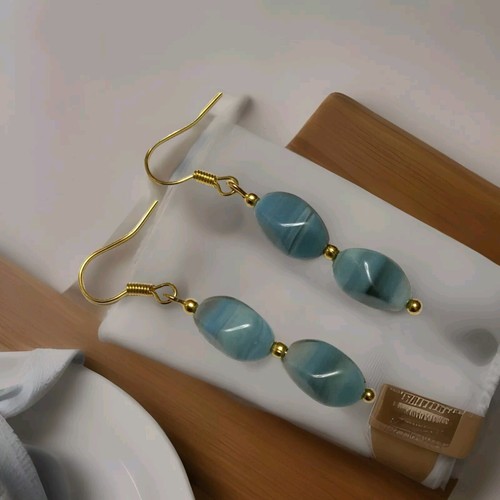 Vintage Style Blue Glass Bead Earrings In Gold Plate.drop Dangle - Picture 5 of 7