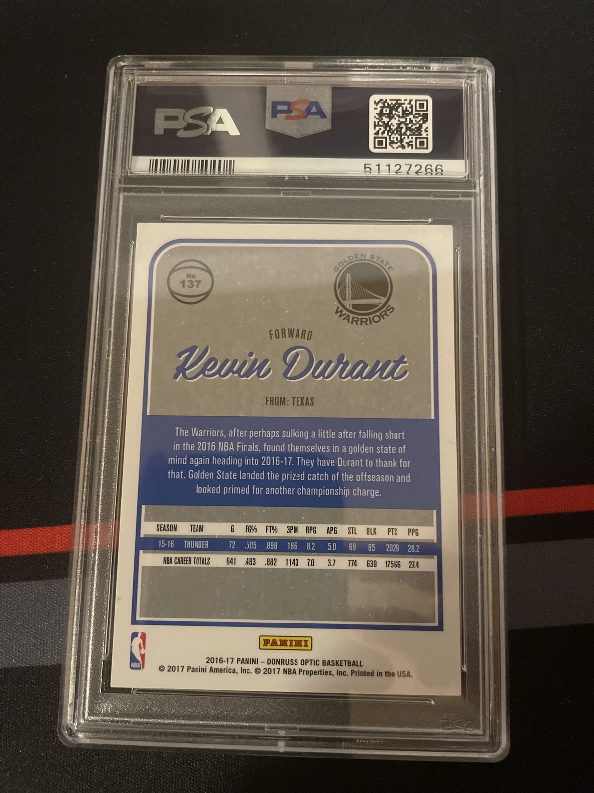 2016 Panini Donruss Optic Kevin Durant #137 PSA 9 - Photo 2 sur 2