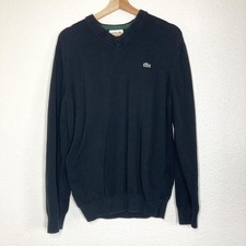 Lacoste Sweater Mens Medium Black Cotton V Neck Regular Fit Logo Pullover Knit