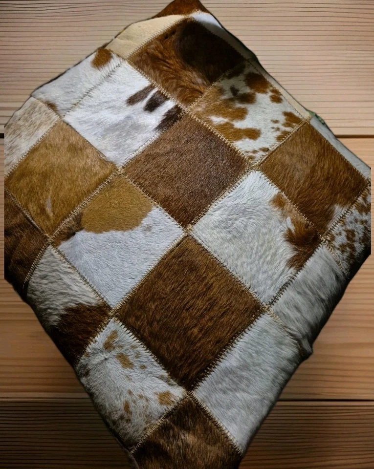 Almohada Western Cow Patchwork con Inserto Marrón 100% Cuero Cuero de Vaca 19" Cuadrado  Foto 2 de 4