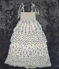 Crystal Dolls Maxi Dress Floral Tiered Ivory & Blue Sleeveless Breezy Floral - L