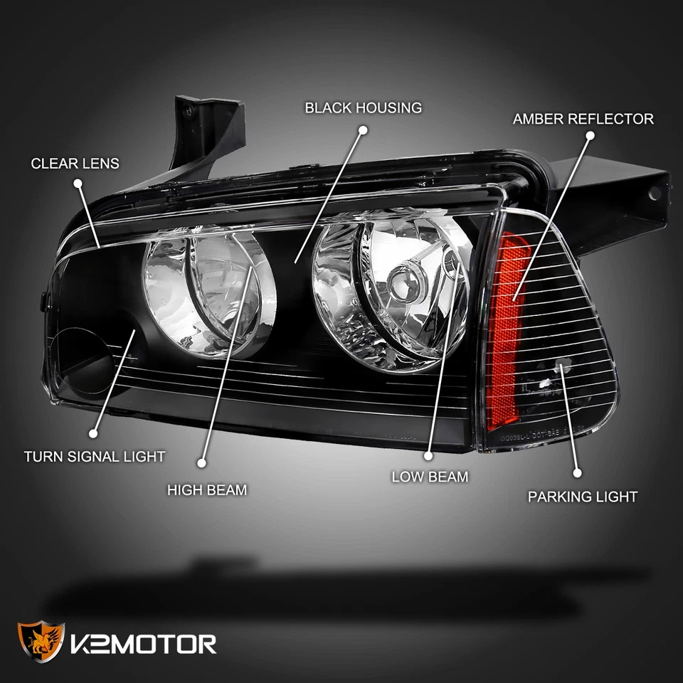 Fits 2006-2010 Dodge Charger Black Headlights+Corner Signal Lamps Left+Right Foto 3 de 4