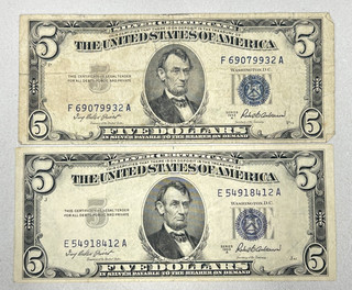 LOT OF 2 1953 A $5 Five Dollar SILVER CERTIFICATE US Bank Note Bill Currency