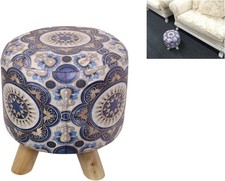 Blue Mandala Stool 30cm Round Boho Footstool Side Table Wooden Legs