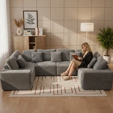 SOULART 135.5 L/U-Shape 6-Seater Corduroy Boneless Sectional Couch, Dark Grey