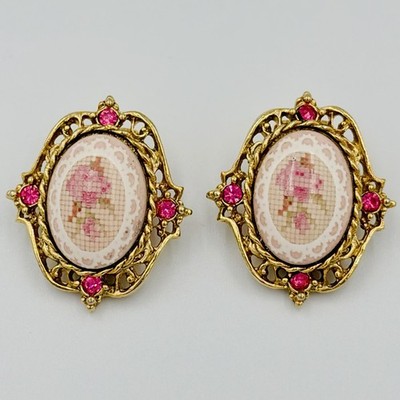 Vintage Loree Clip Earrings Rose Design Cabochon Costume Jewelry Cottagecore