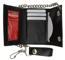 Genuine Leather Mens Black Trifold ID Wallet with Chain Biker Trucker Motorcycle