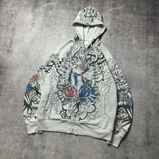 Vintage Y2K Zip Hoodie Ed Hardy Style Men Size L Rhinestones Tatoos AOP Logos