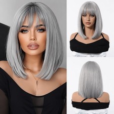 Bob Straight Halloween Costume Wig With Bangs Grey Synthetic Hair