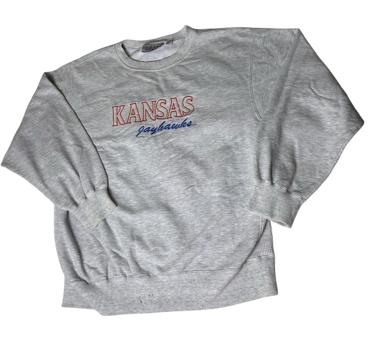 Vtg Pro Gear Kansas University Jayhawks Sweatshirt Size XL Gray Embroidered READ