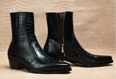 Handgefertigte schwarze elegante Herrenstiefel mit Reißverschluss Krokodil. Herren Spitz zulaufend Leder Stiefel