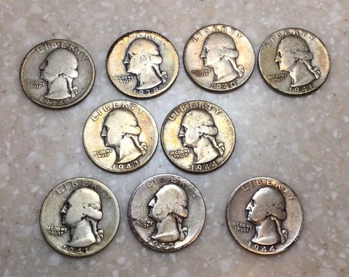 Lot od (9) George Washington Quarters, 90% Silver, GD Condition