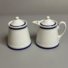 Williams Sonoma Brasserie Creamer Sugar Bowl Set Blue Band White Porcelain Japan