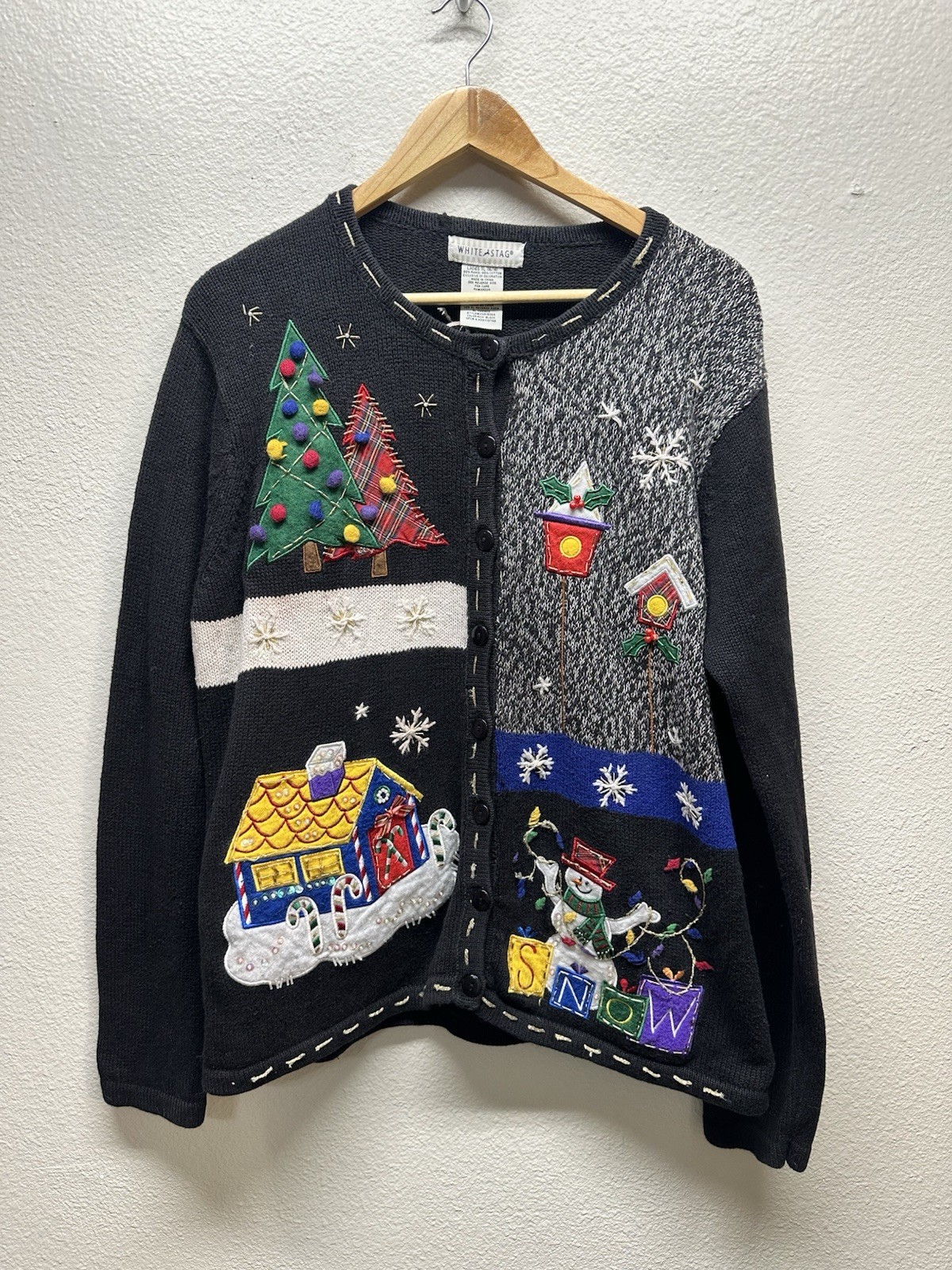 Vintage White Stag Christmas Cardigan Sweater Button Up Festive Beaded XL 16/18
