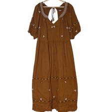 Old Navy Smocked Embroidered Puff Sleeve Tiered Brown Midi Dress Size 2X Boho