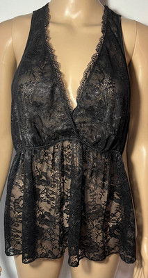 Linea Donatella Babydoll Chemise Cami Womens Top Black Sheer Lace Size XL