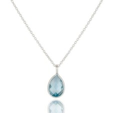 Bezel Set Blue Topaz Gemstone 925 Sterling Silver Drop Pendant With Chain
