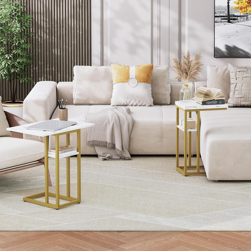 Foldable End Table, Gold C Shaped Side Table with Storage Shelf, Small Snack Tab - Image 2 of 4