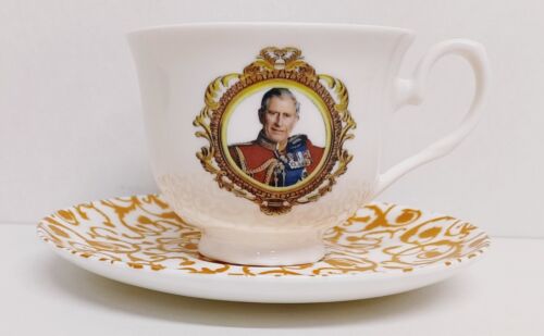 HM King Charles III Tea Cup & Saucer York Fine Bone China Coronation Decorate UK - Afbeelding 1 van 4