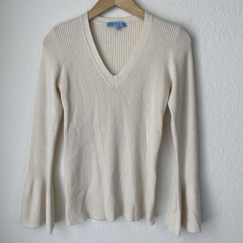 Antonio Melani Wool Blend Sweater M Bell Sleeve Cream Minimalist Ribbed Knit - Picture 4 of 8