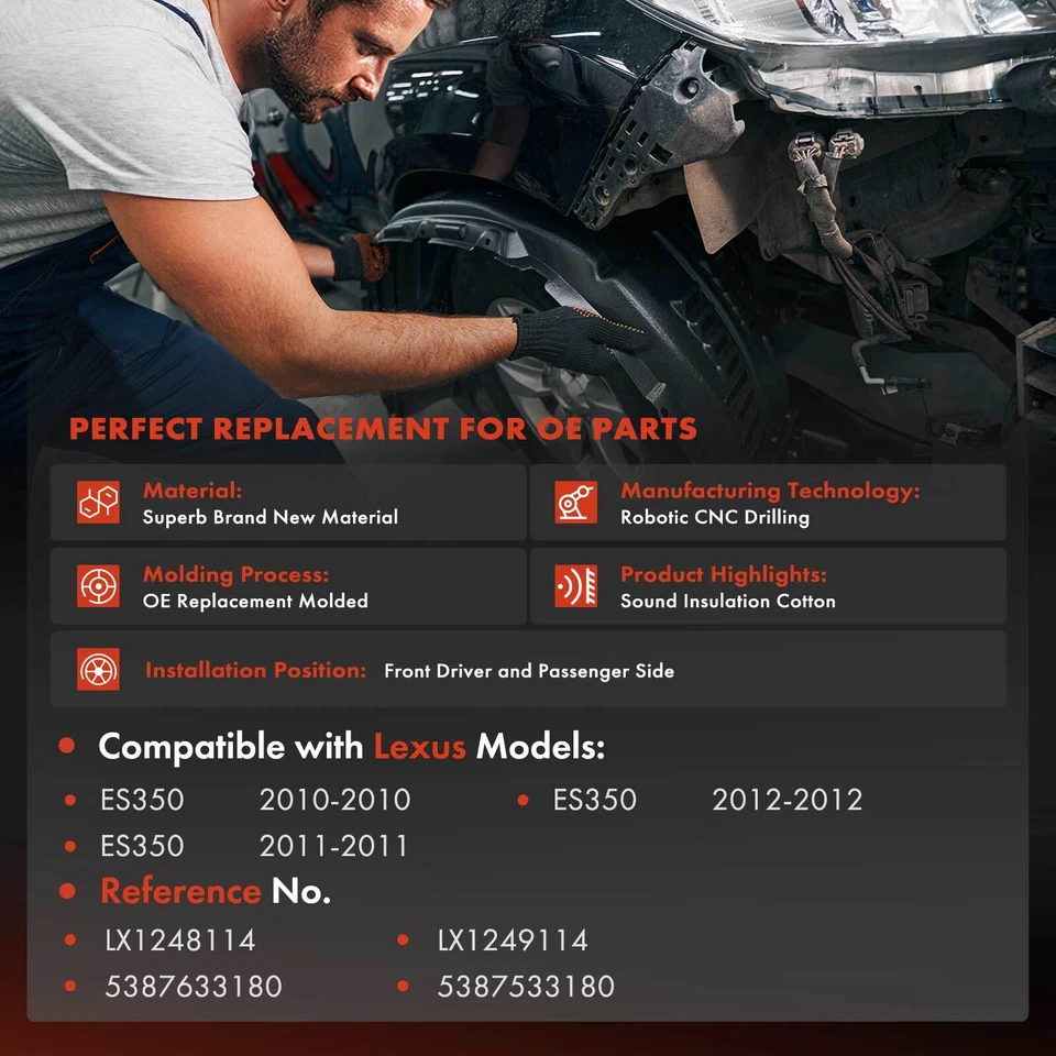 2x Forros de guardabarros interiores delanteros con espuma aislante para Lexus ES350 2010-2012 Foto 2 de 4