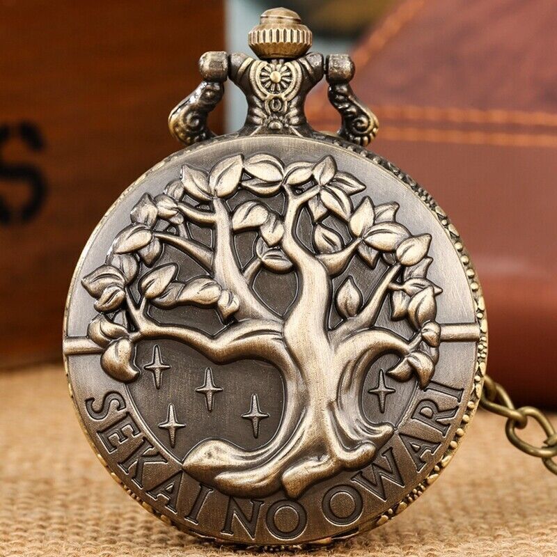 Retro Carved Tree Design Men Women Quartz Pocket Watch Necklace Pendant  Chain