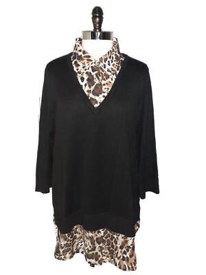 NEW AVENUE 2X 18W 20W Sweater Top Black Leopard 3/4 Sleeve Layer Look