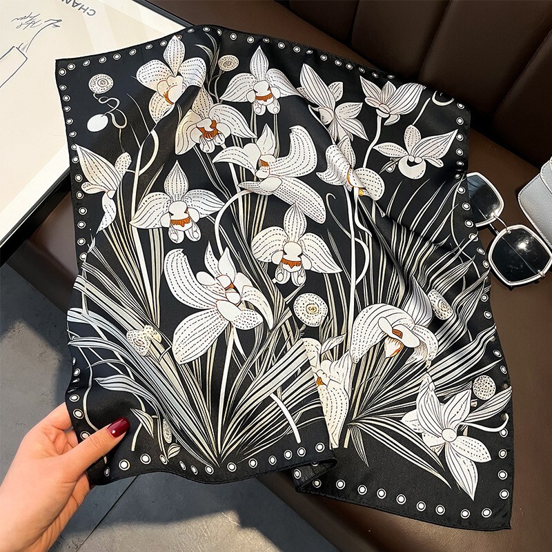 100% Pure Silk 21-Inch Square Scarf for Women Floral Black and White Neckerchief Wrap  