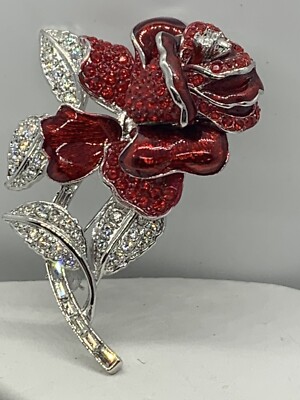 Signed NOLAN MILLER RED ROSE Brooch Pin Made with Swarovski Rhinestones GORGEOUS