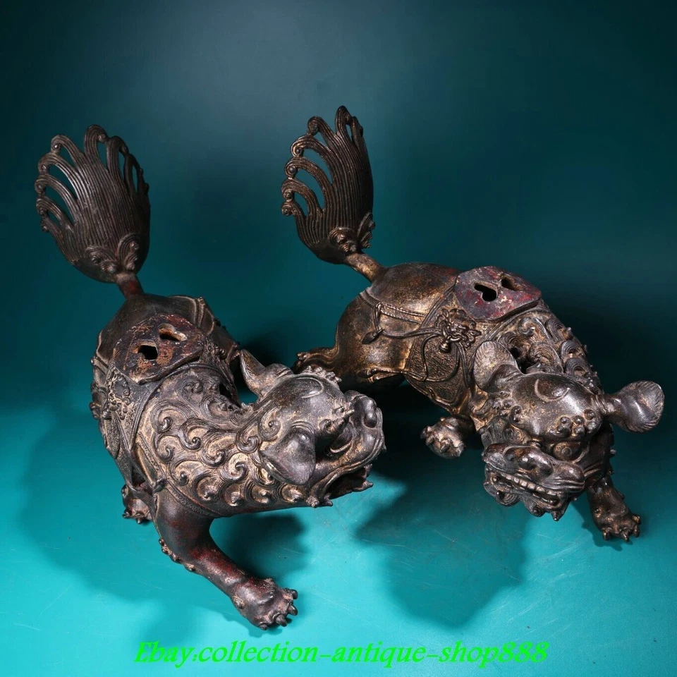 10" Old Chinese Bronze Gilt Fengshui Dragon Foo Fu Dog Guardion Lion Statue Pair - Image 2 of 4