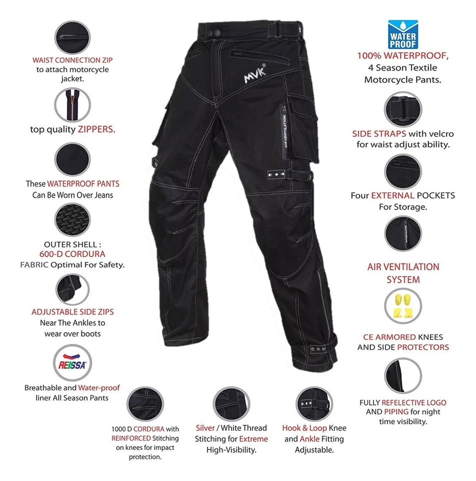 Pantalones/pantalones para motocicleta blindados ce negros textiles impermeables para hombre Foto 4 de 4