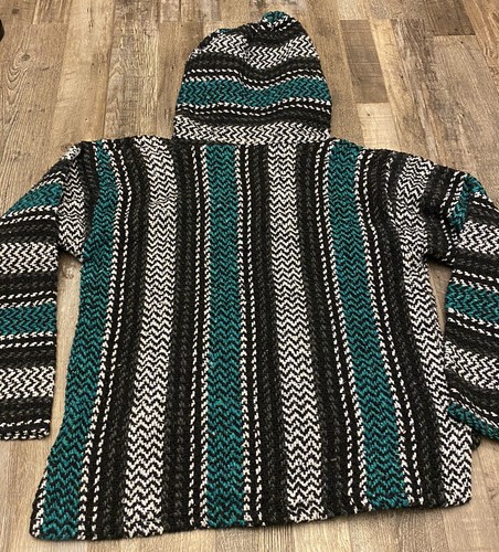 Baja Joe Black/gray/teal Surfer Hippie Mexican Rug Hoodie Poncho Youth X Large - Picture 2 of 6
