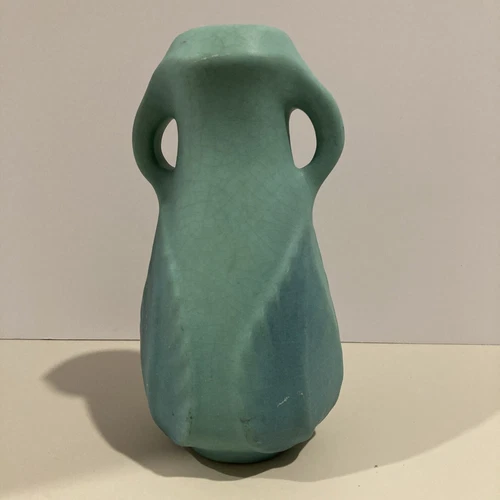 Vintage Van Briggle Pottery Blue Green Colo Spgs Large Leaf Handled Vase Signed 