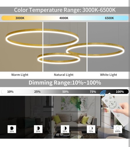 Fordeson Moderner LED Kronleuchter für Esszimmer, 3 Ring Gold LED Decken Pendelleuchte... - Bild 3 von 9