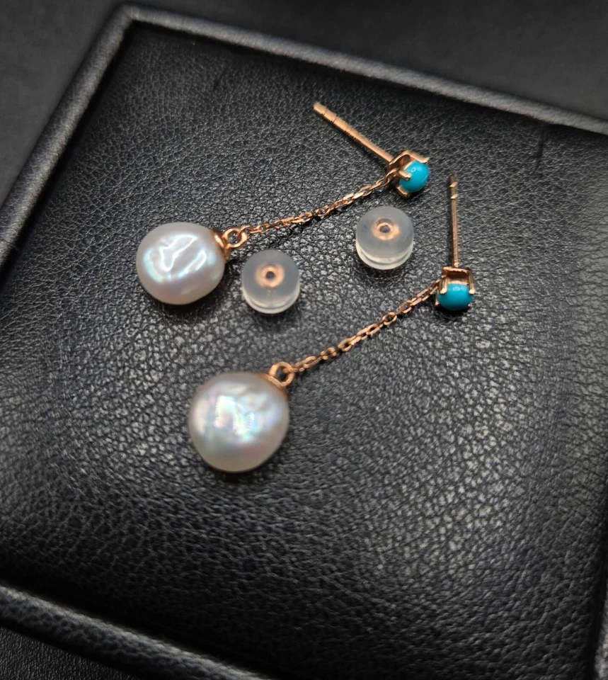 Pendientes colgantes de perlas y turquesa de oro de 14k Foto 2 de 4