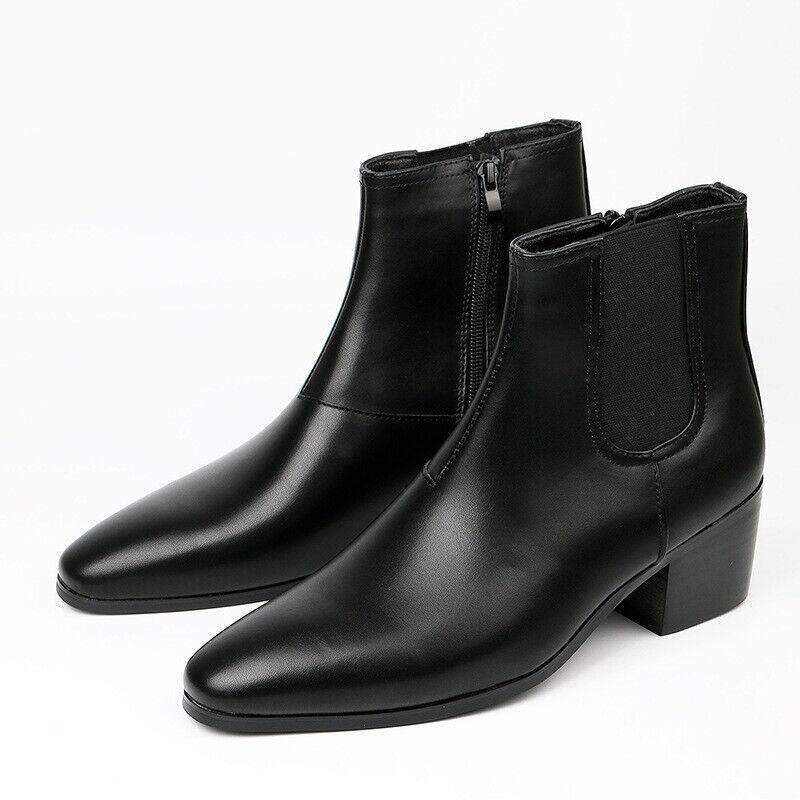 Men's Pointed Toe Chelsea Boots Cuban Heels High Top Formal Dress Ankle Boots