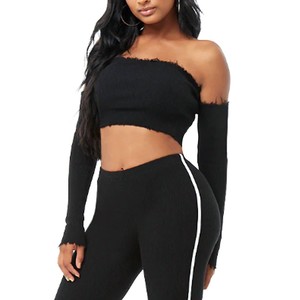 Forever 21 New Women Casual Black Rib Knit Off The Shoulder Crop