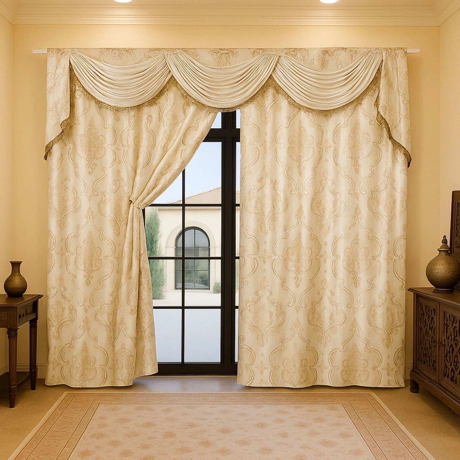 Blackout Curtain Gold• Baroque Style Set Including Valance Approx 300x250cm