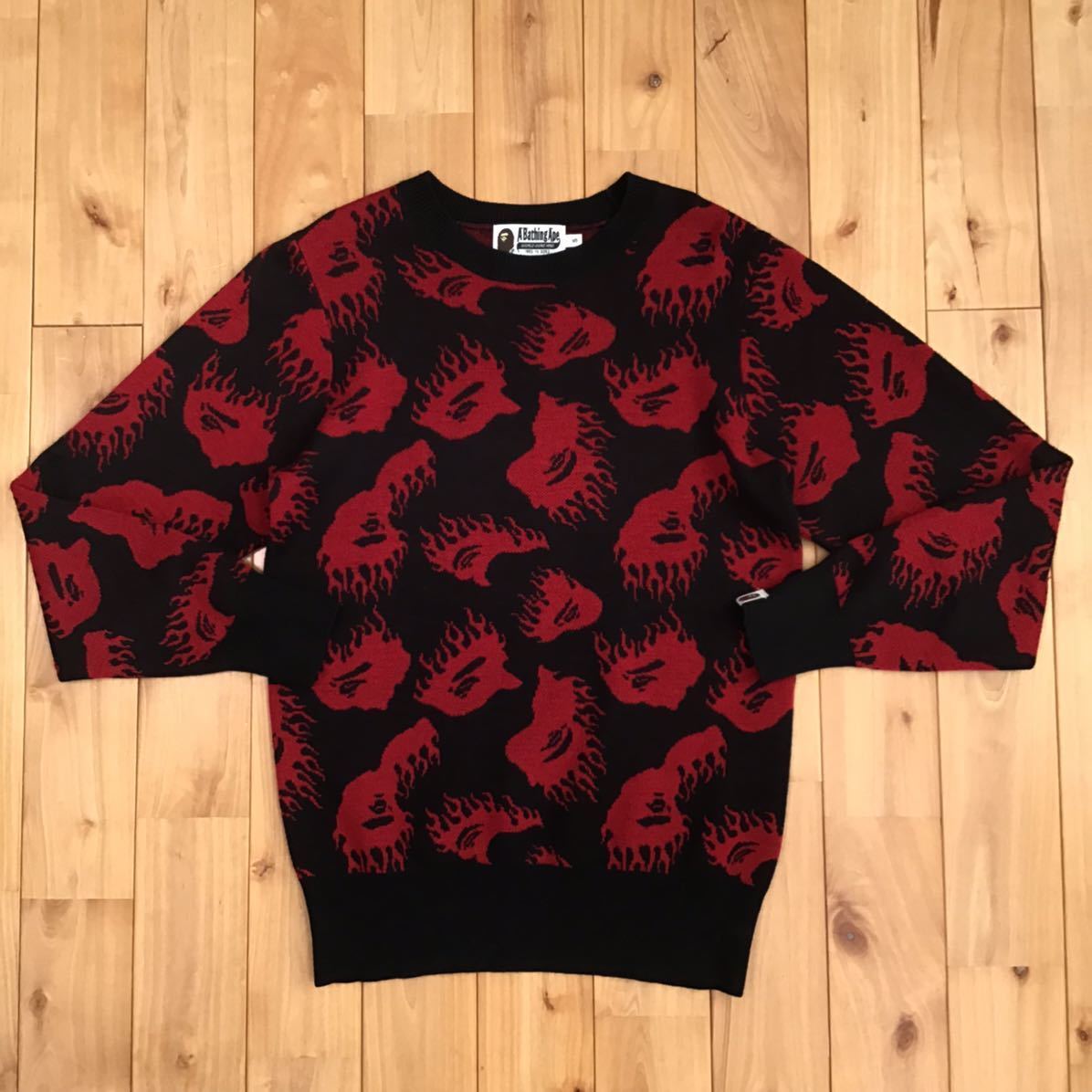 BAPE Fire pattern long sleeve knit flame black x red A Bathing Ape