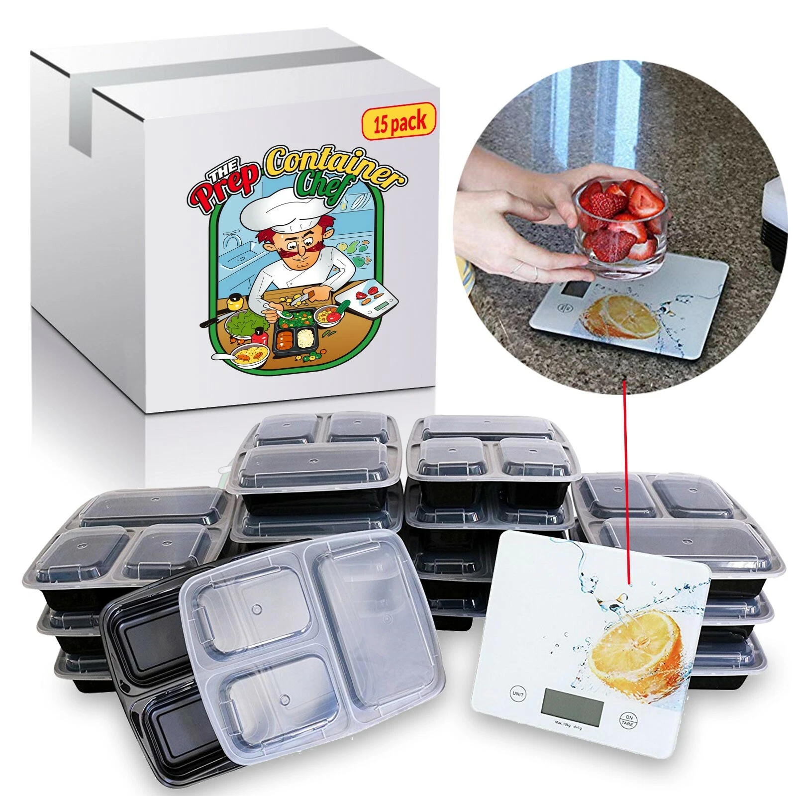 Meal Prep Containers 15 Pack, 32 oz Portion Control, Kitchen Scale Bundle