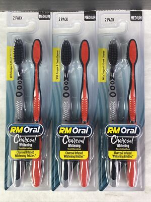 3 Pack RM Oral Charcoal Whitening Medium Bristle Brushes 2 Ct Each Red
