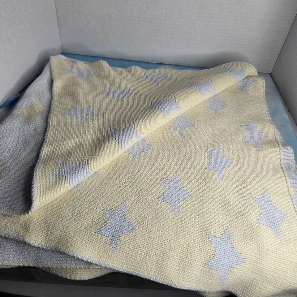 Toys R Us 考拉宝宝蓝色黄色星星毛毯针织 100% 棉双面复古 — 第 2/3 张图片