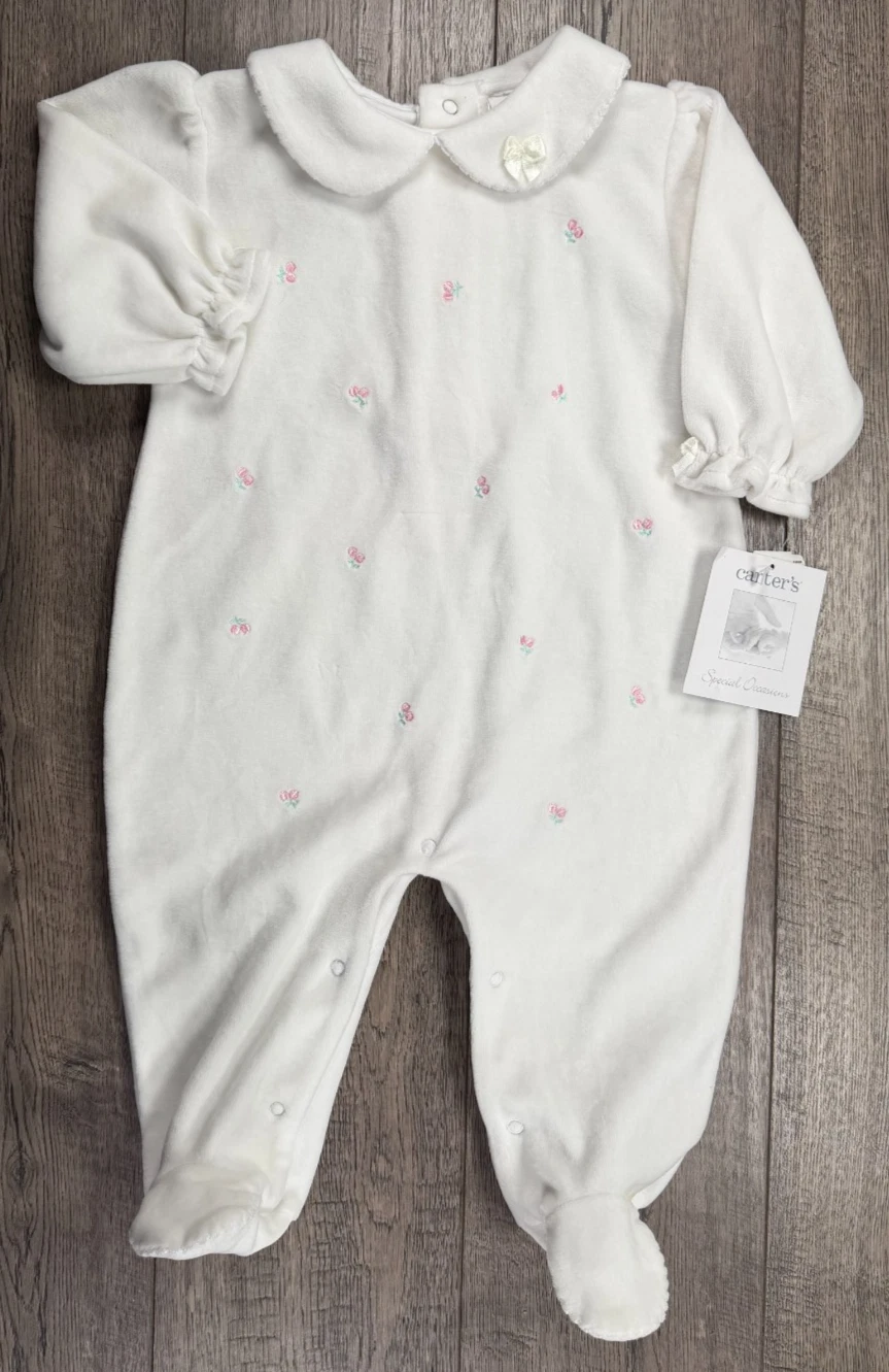 Baby Girl Clothes New Vintage Carter's 9 Month White Velour Flower Footed Outfit