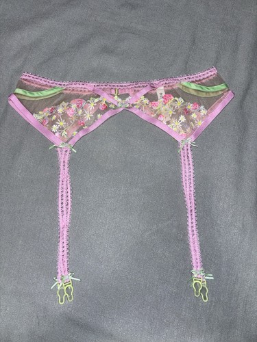 VS/love for lemons pink with neon floral embroidery garter belt Large