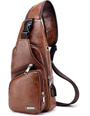 Chest Crossbody Bag Sling Backpack for Men with USB Charge Port Brown